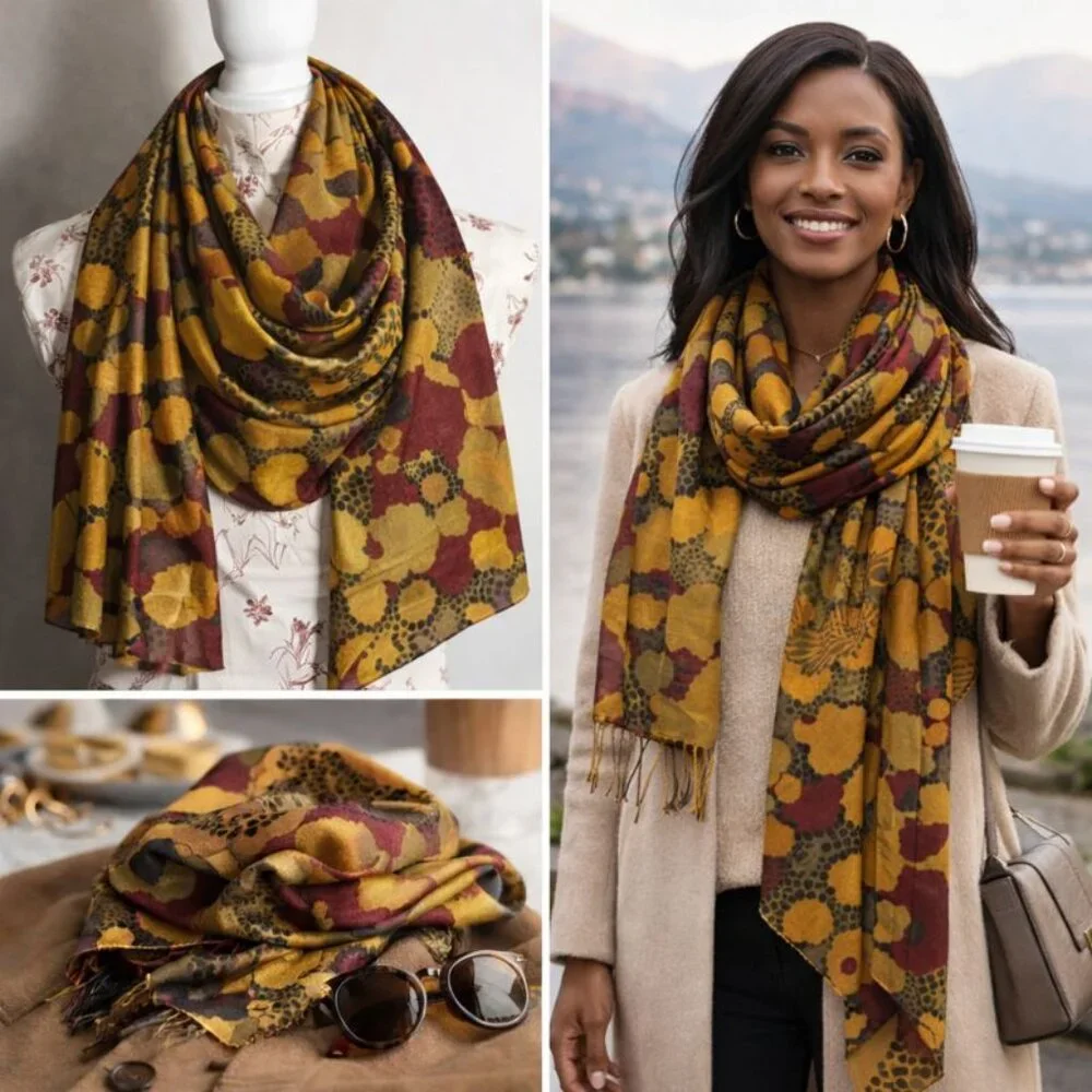 🌿 Vintage-Inspired Mustard & Oxblood Graphic Scarf  Mid-Century Modern